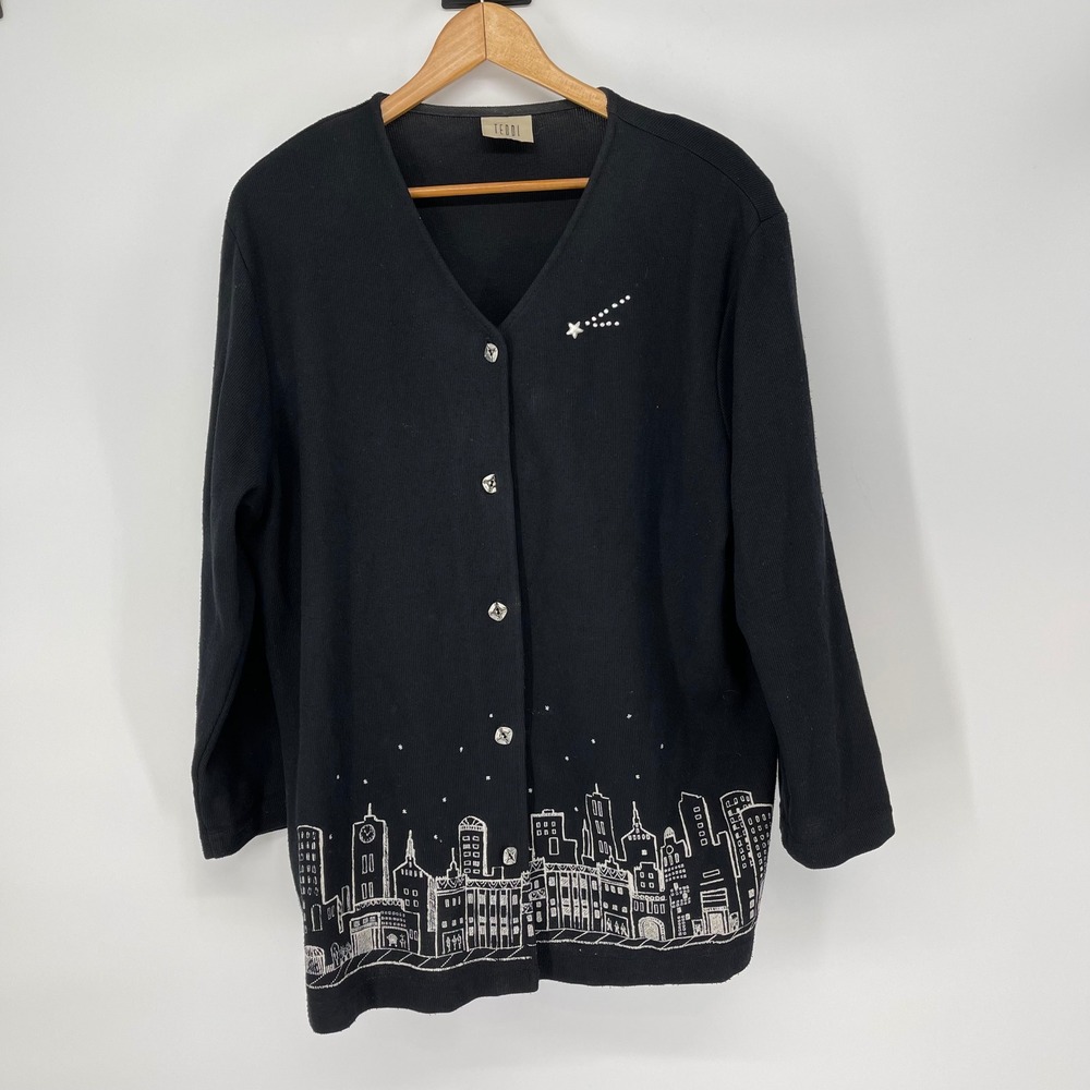 Vintage Black White Hand Painted Cityscape Cardigan Sweater‎ Size L Art to Wear